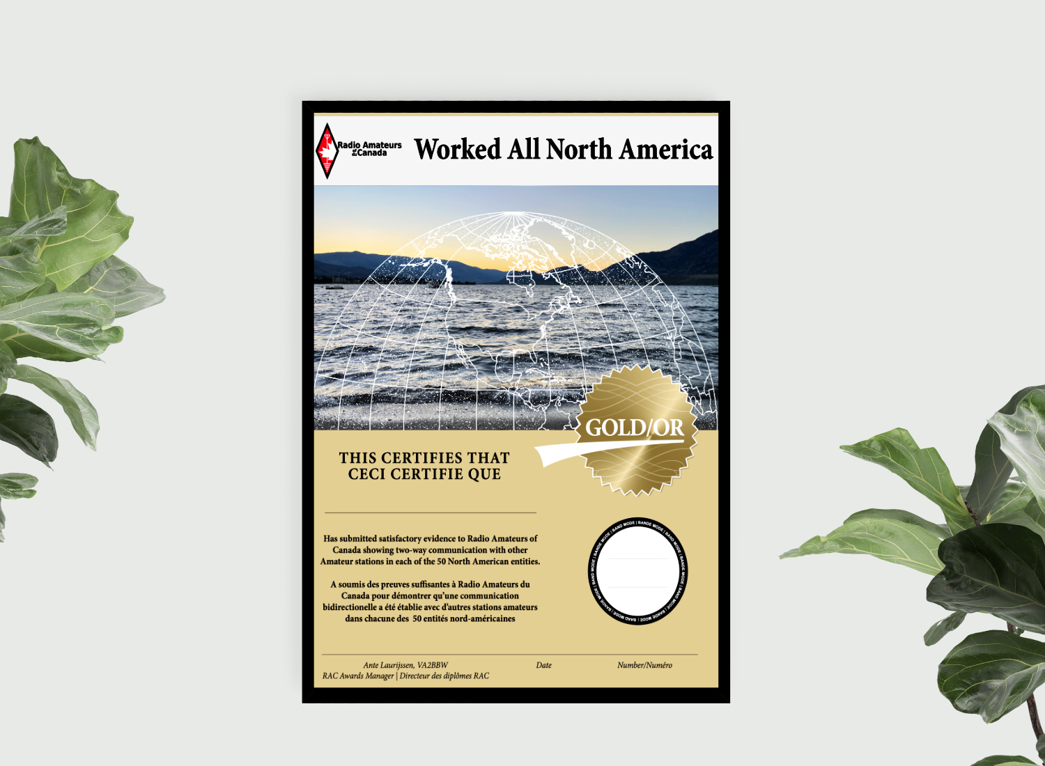 Gold Worked All North America Award. Diplôme Worked All North America Or.