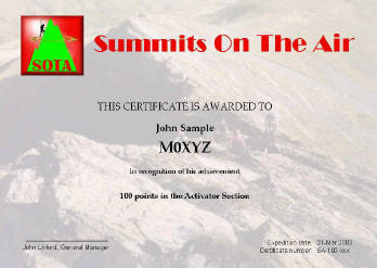 Summits on the Air Award Diplôme Summits on the Air