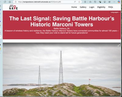 Screen capture of website about saving Marconi's Towers at Battle Harbour